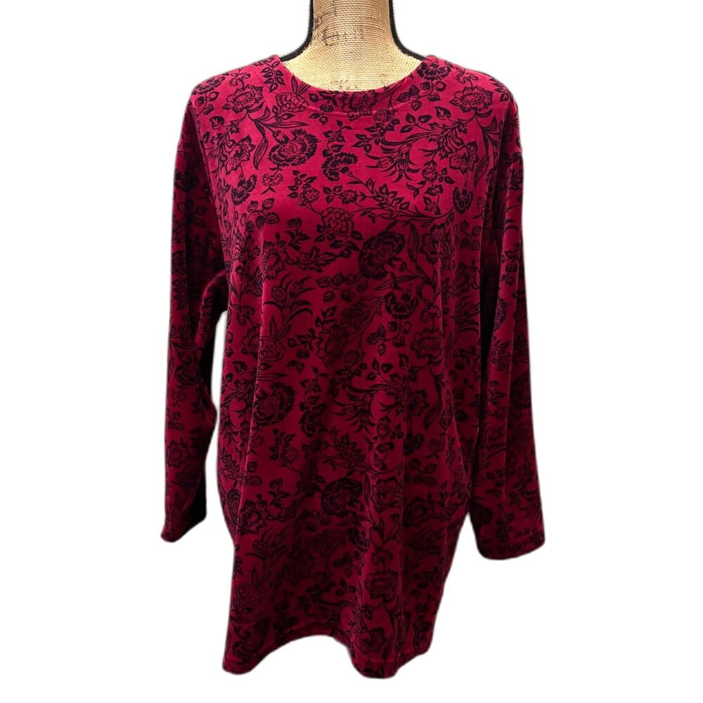 Vintage Lizsport Velour Top Moody Red Black Floral 90s Grunge Size Medium